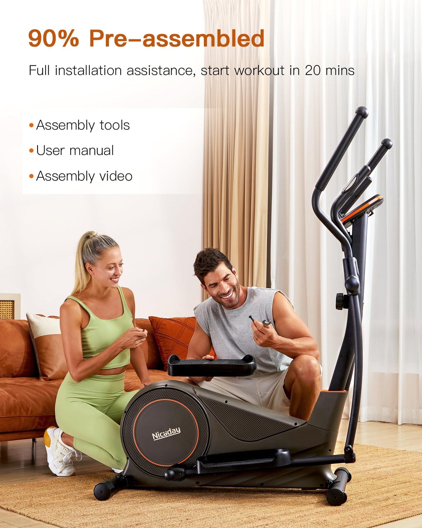 Niceday Elliptical Exercise Machine, Elliptical Machine for Home, Magnetic Elliptical Trainer with 15.5IN Stride, 16 Resistance Levels, 400LBS Loading Capacity Brown