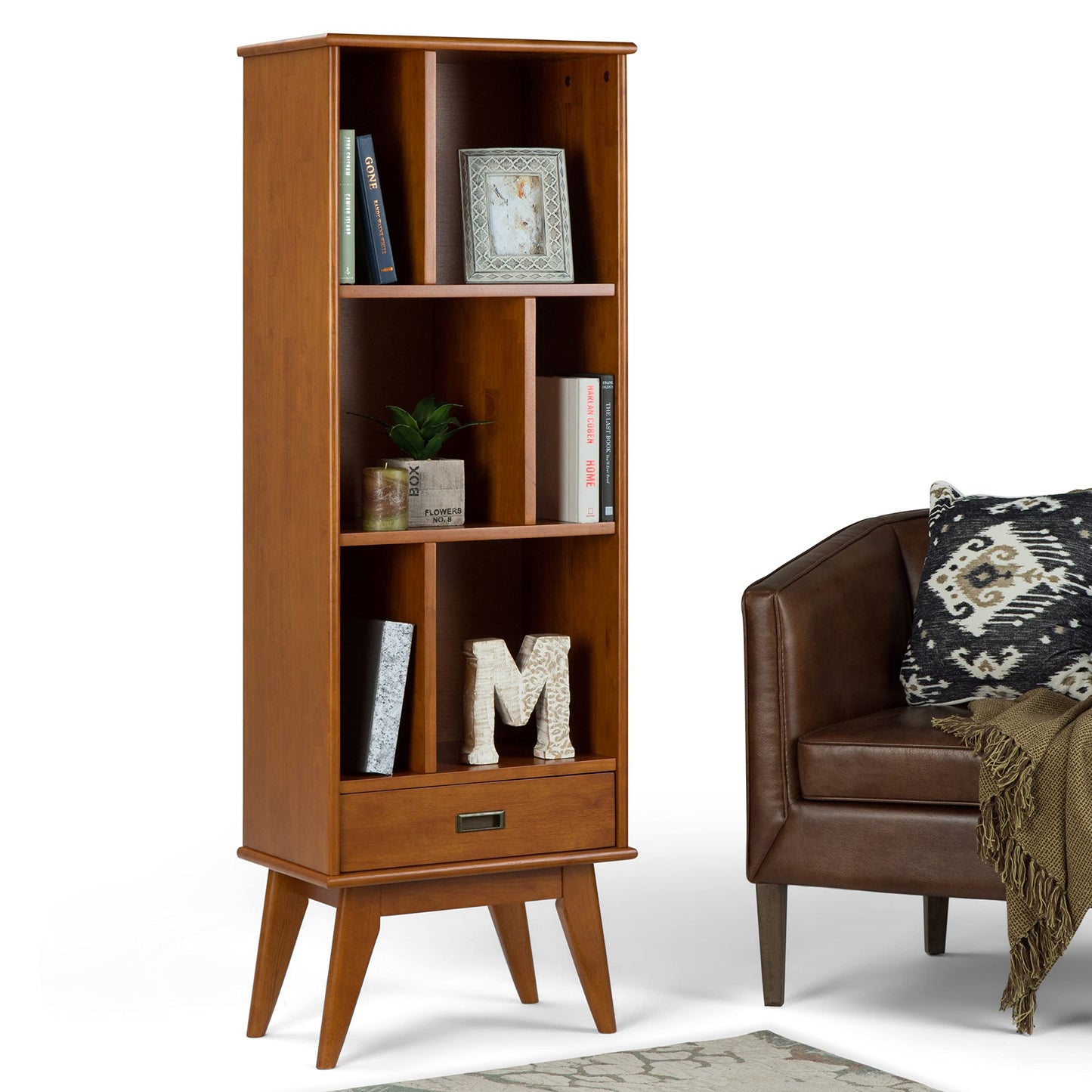 SIMPLIHOME Draper Bookcase - 64 inch Tall Solid Wood Storage Bookshelf in Teak Brown, Mid-Century Modern Storage for Living Room, Study Room or Office with Adjustable Shelves and Angled Legs