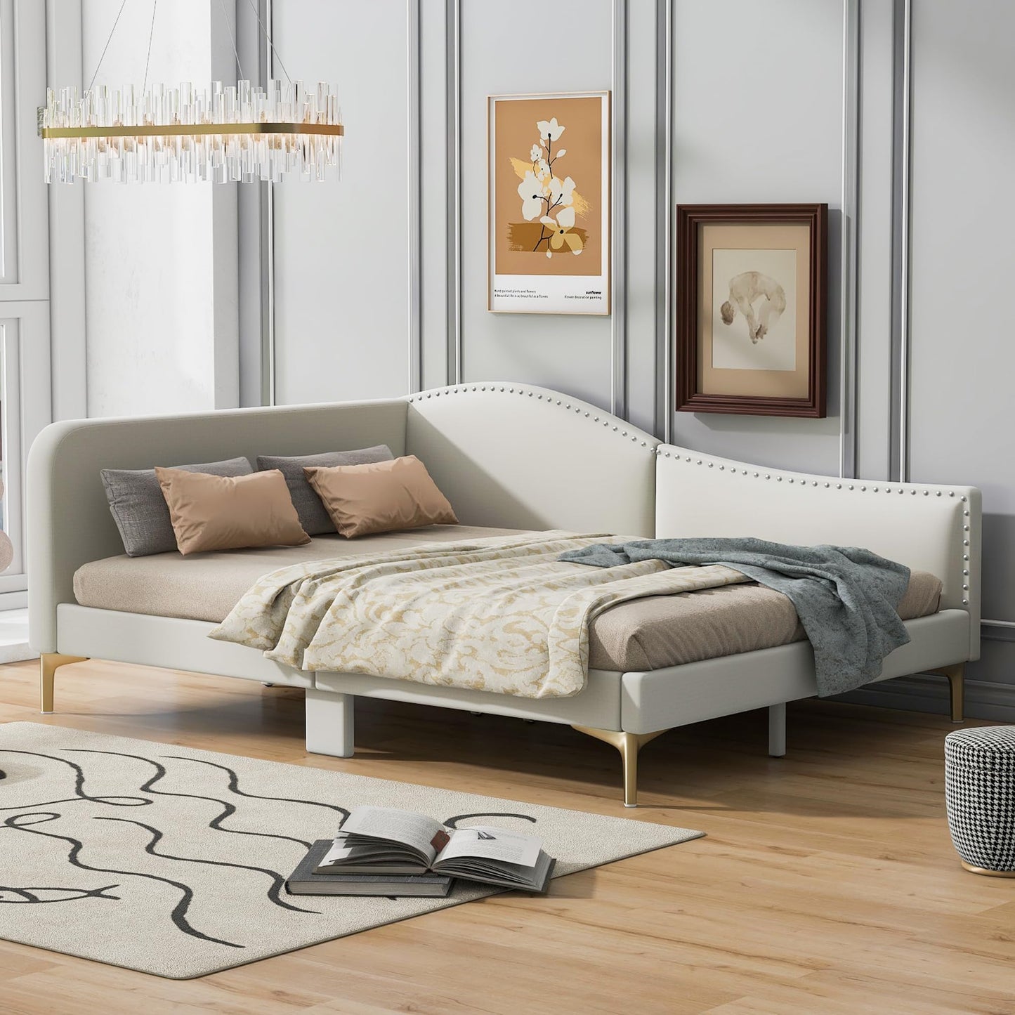 Full Size Upholstered Daybed with Headboard and Armrest, Linen-Finish Bed with Support Legs, Modern Sofa Bed for Guest Rooms, Studio Apartments, or Living Spaces, Sturdy Pine Wood Frame, Beige