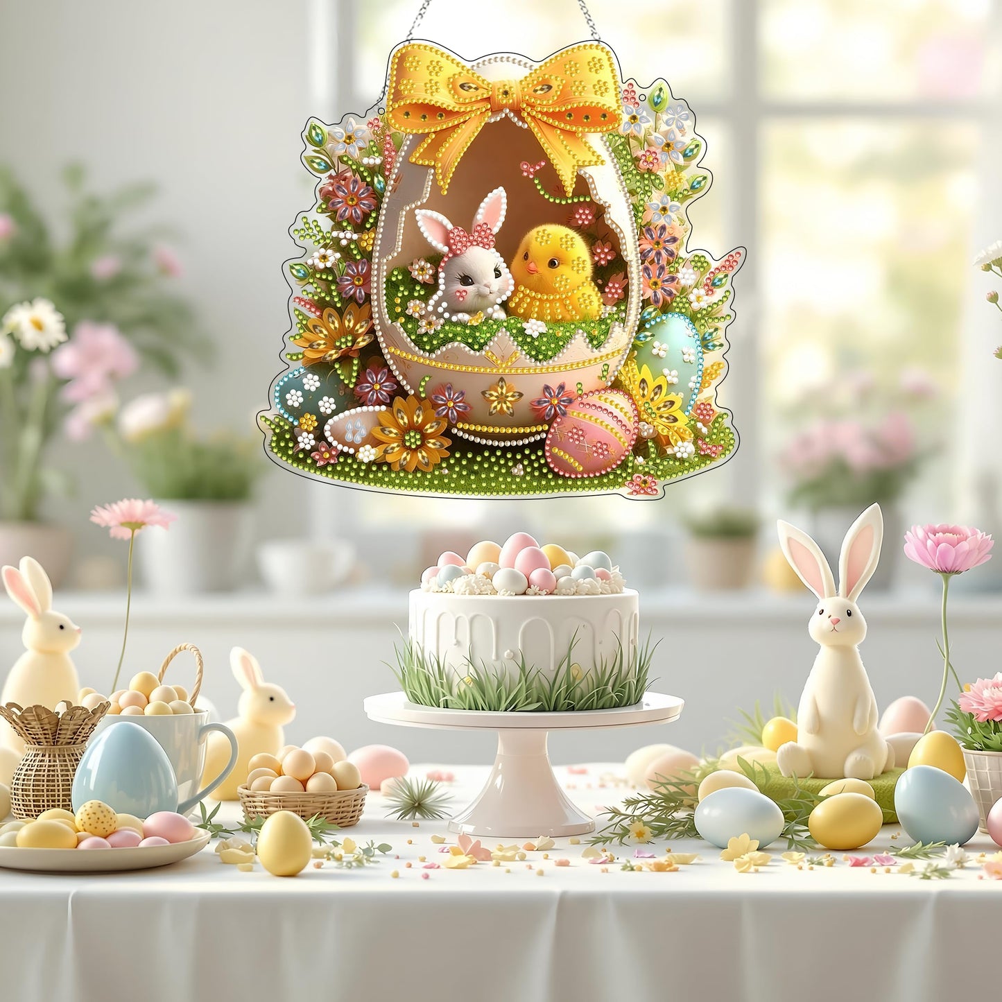 DIY Diamond Art Painting Wreath Kits，Special Shaped Rhinestone Hanging Ornament Diamond Art Window Pendants for Gift Home Garden Wall Hanging Kits,Double Sided (Easter Egg)