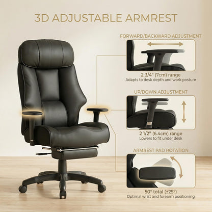 EXCEBET Big and Tall Office Chair 500lbs - 22.4" Extra Wide Seat Ergonomic Executive Chair, Heavy Duty High Back Leather Office Chair with Footrest, Lumbar Support & Adjustable Arm (All Black)