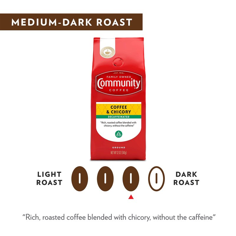 Community Coffee Coffee and Chicory Decaf Coffee, Medium Dark Roast Ground Coffee, 12 Ounce Bag (Pack of 6)