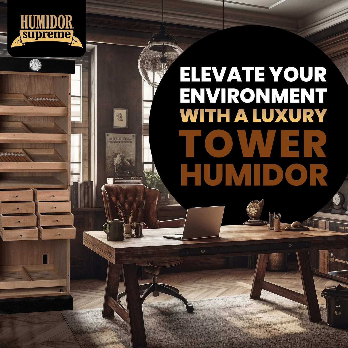 Humidor Supreme Black Tower Humidor with Adjustable Shelves and Drawers | Large Capacity Cigar Cabinet with Tempered Beveled Glass Door, Hygrometer, and Dried Spanish Cedar Lining - Holds 3000 Cigars