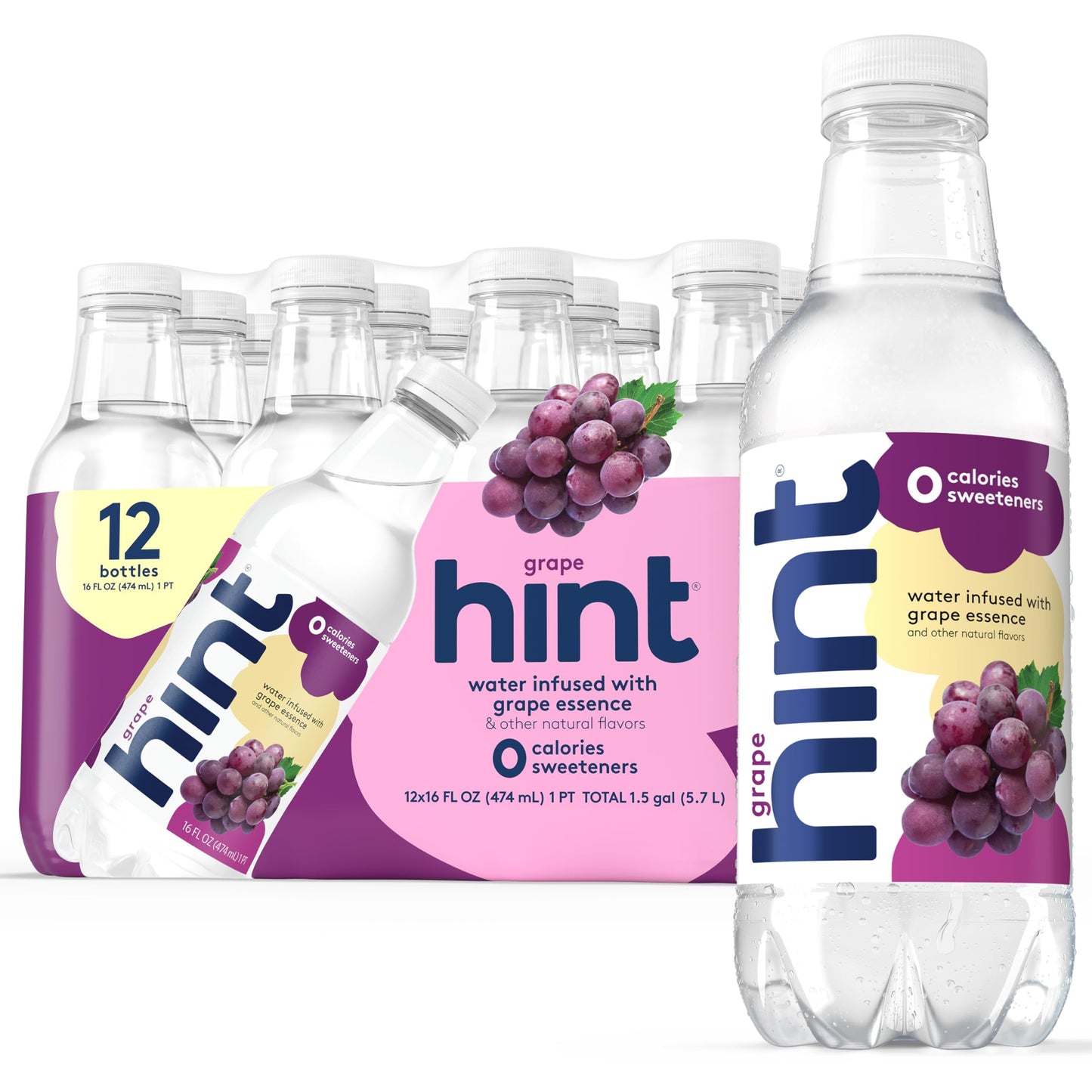 Hint Fruit-Infused Bottled Water, Grape - Sugar Free Flavored Water with Zero Calories, Naturally Flavored, and No Artificial Sweeteners - 16 Fl Oz (Pack of 12)