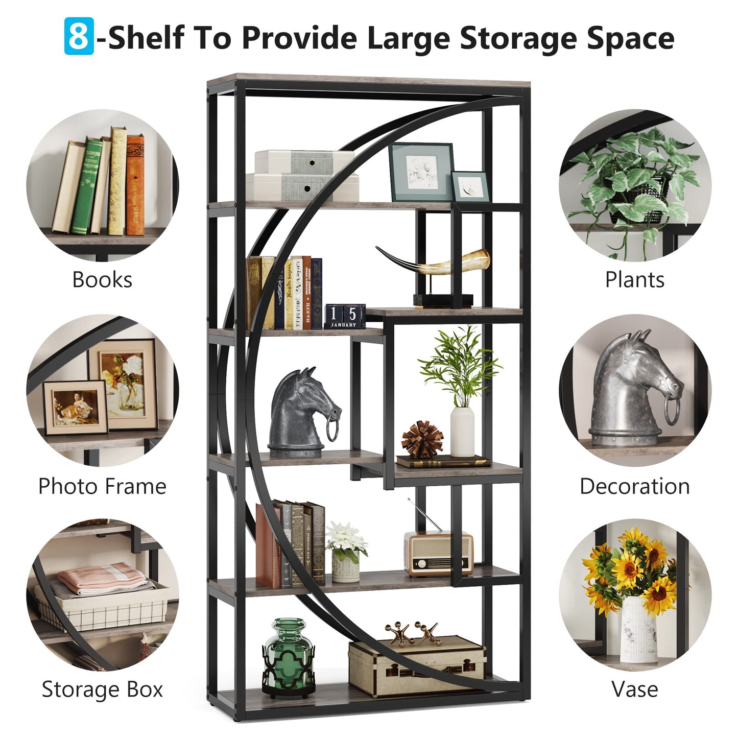 Tribesigns Bookshelf, Industrial 5-Tier Etagere Bookcase, 70.8" Tall Bookshelf with 8 Storage Shelf, Book Shelf Display Tack Shelving Unit for Home Office (Vintage Grey,2PC)
