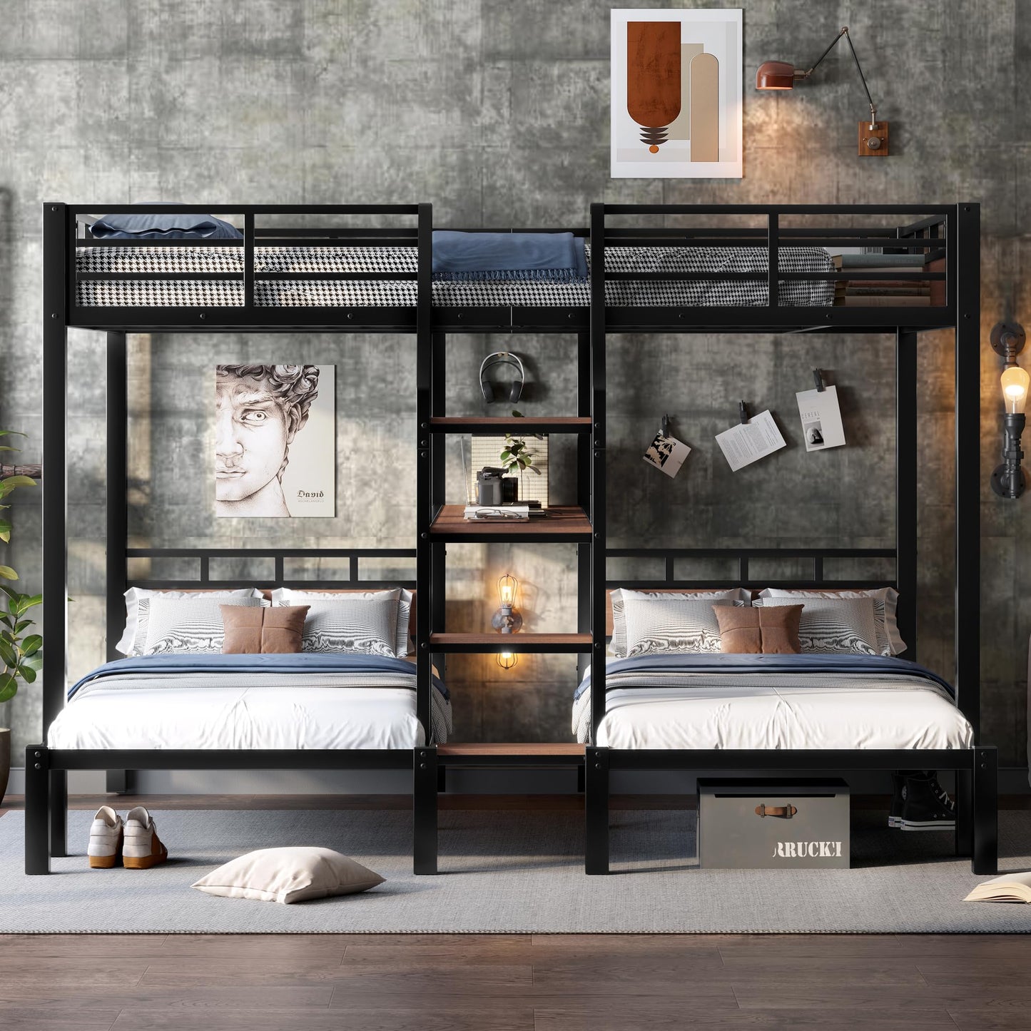 Bellemave Queen Over Twin Over Twin Bunk Bed with Stairs and Storage Shelf, Heavy Duty Triple Bunk Beds with Safety Guardrails, Metal Triple Bunk Bed Frame for 3 Kids, Teens, Black