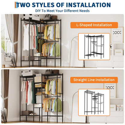 IDEALHOUSE Heavy Duty Clothes Rack for Hanging Clothes, Load 1000LBS Portable Closet Wardrobe with Shelves, Freestanding Adjustable Garment Rack for Bedroom, Walk-in Closet, 73.6"x 17.3"x 76.4", Black