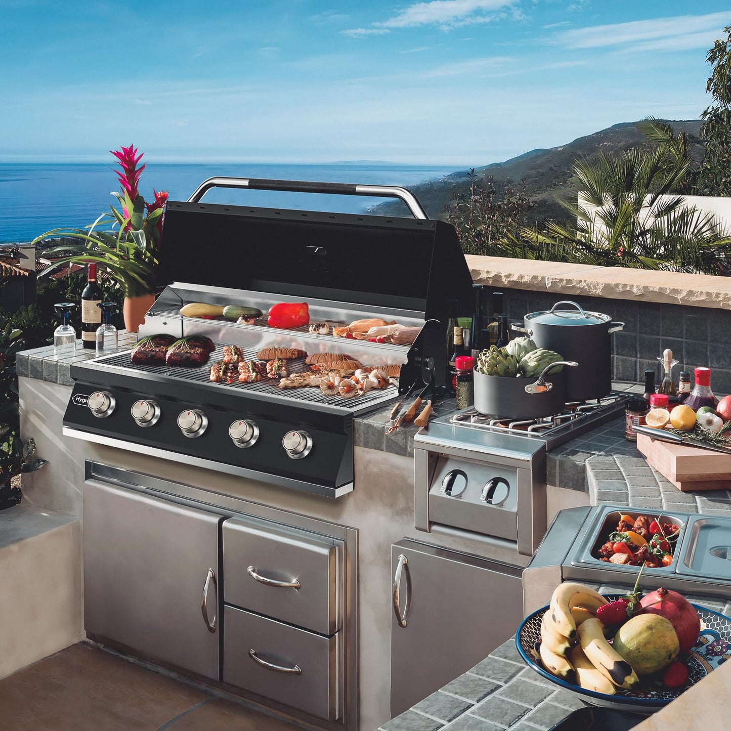 Hygrill STD Series 40-Inch Built In Grill for Liquid Propane, Stainless Steel Outdoor Kitchen 5-Burner Grill Head, Black