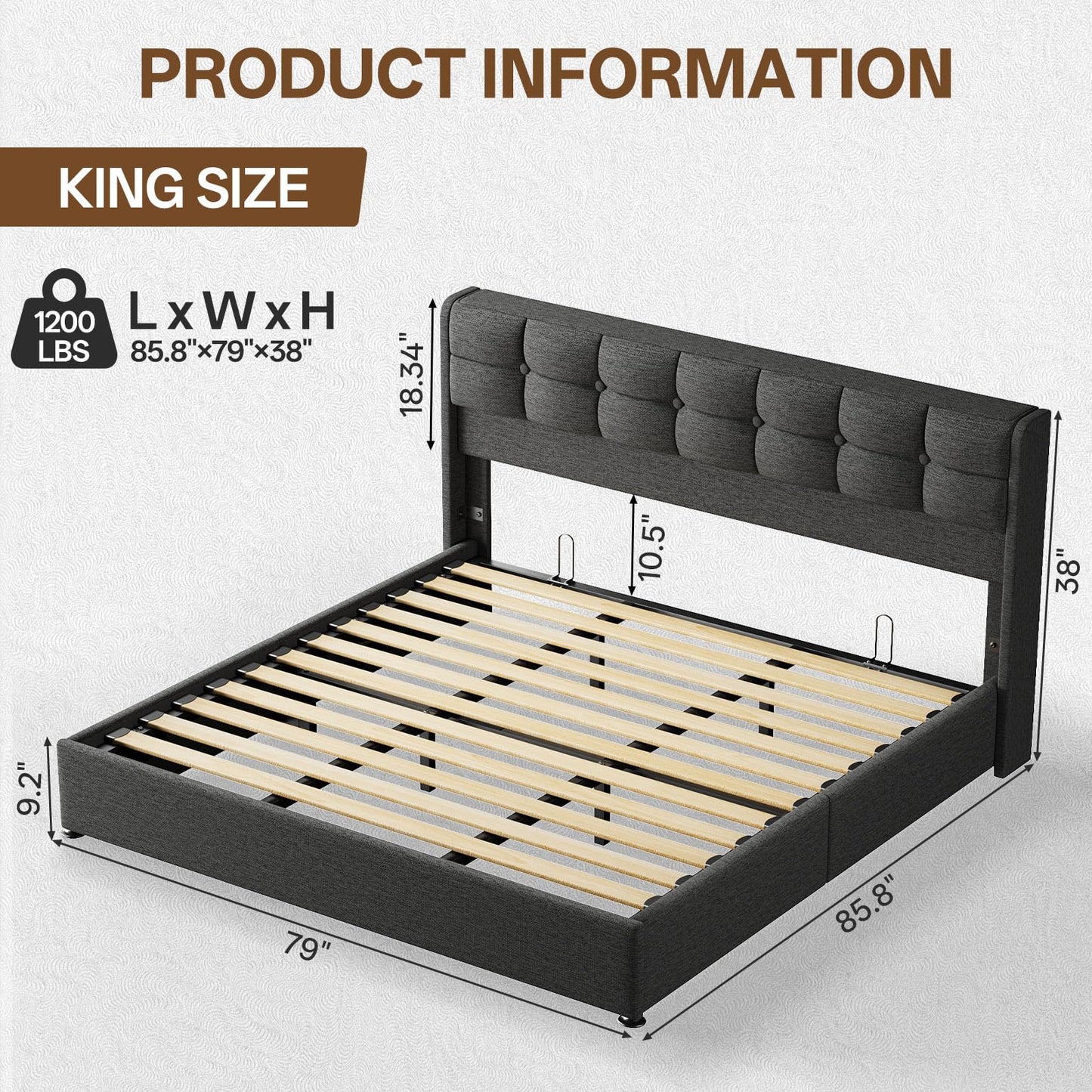 Vinabilia Lift Up King Size Bed Frame with Storage, Upholstered King Bed Frame with Wingback Headboard, No Box Spring Needed, Easy Assembly - Dark Grey