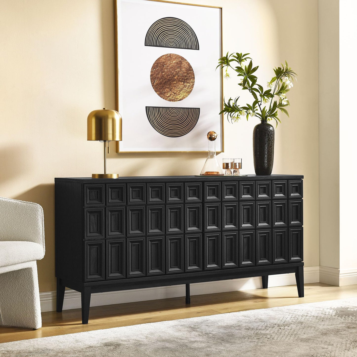 Modway Samos 62 Inch Retro Modern Sideboard with Storage in Black - Geometric Door Design Buffet Cabinet for Dining Room, Hallway, Living Room - Media Console Stand for Wall-Mounted TVs