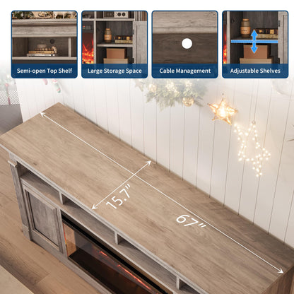 GarveeHome 68" Farmhouse Electric Fireplace TV Stand for TV Up to 75", Entertainment Center with 36'' Fireplace, Console Table TV Cabinet with Open Storage Shelves for Living Room