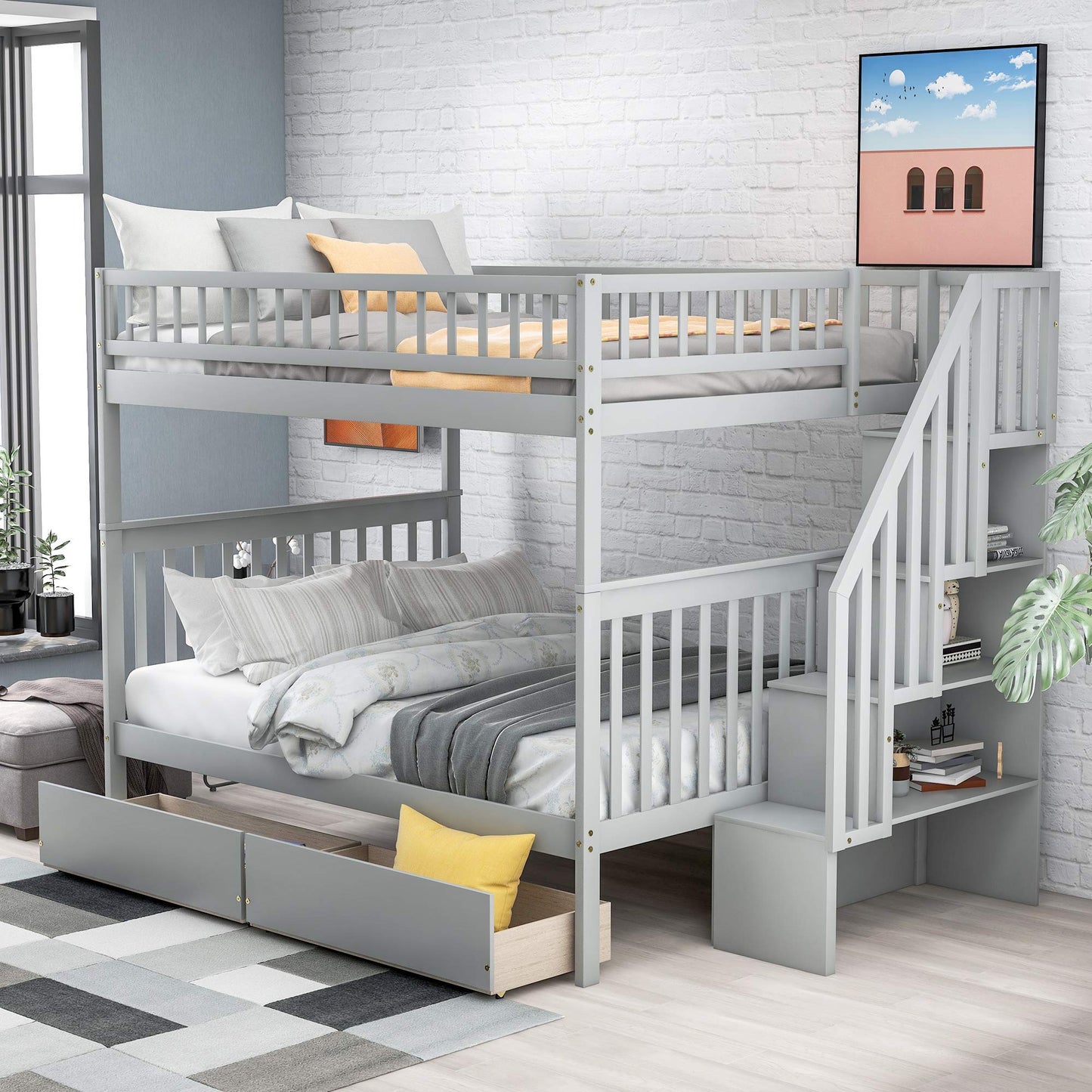 Favfurish Full-Over-Full Bunk Bed with Two Drawers and Storage,Wood Bed-Frame W/High Guardrail & Inclined Handrails,Bedroom Furniture for Children,Teens,Adults,Gray