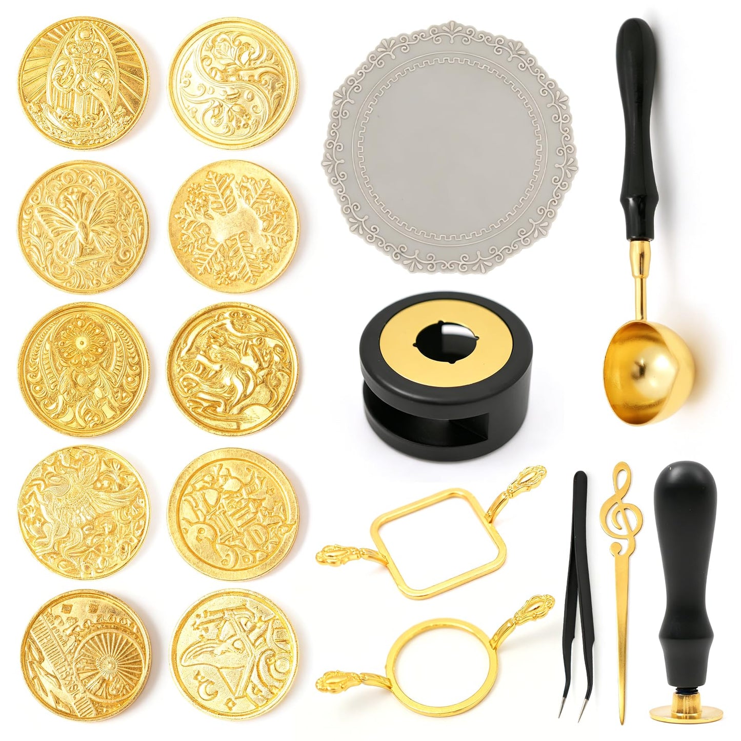18Pcs Wax Seal Stamp Kit,Classic Sealing Wax Stamp Heads with Wooden Handle Metal Wax Seal Molds, Wax Warmer Melting Spoon Silicone Mat for Wedding Invitation Letter Envelope Gift Cards DIY Crafts