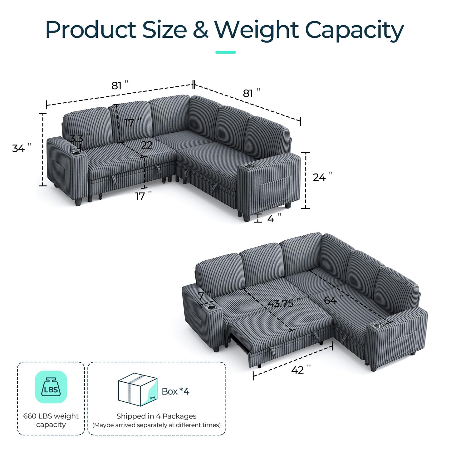 LINSY HOME Sectional Sleeper Sofa with Pull Out Couch Bed - Convertible Plush Corduroy Cloud Couch with Storage Chaise & USB Charging, Comfy L Shaped Modular Couches for Living Room Apartment (Grey)