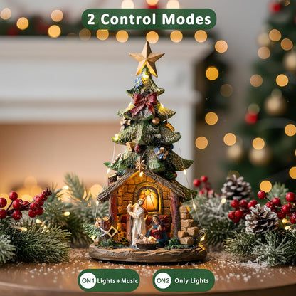 12'' VISFLAIR Christmas Tree Lighted Manger Nativity Scene, Musical Holy Family Collectible Buildings Figurines LED