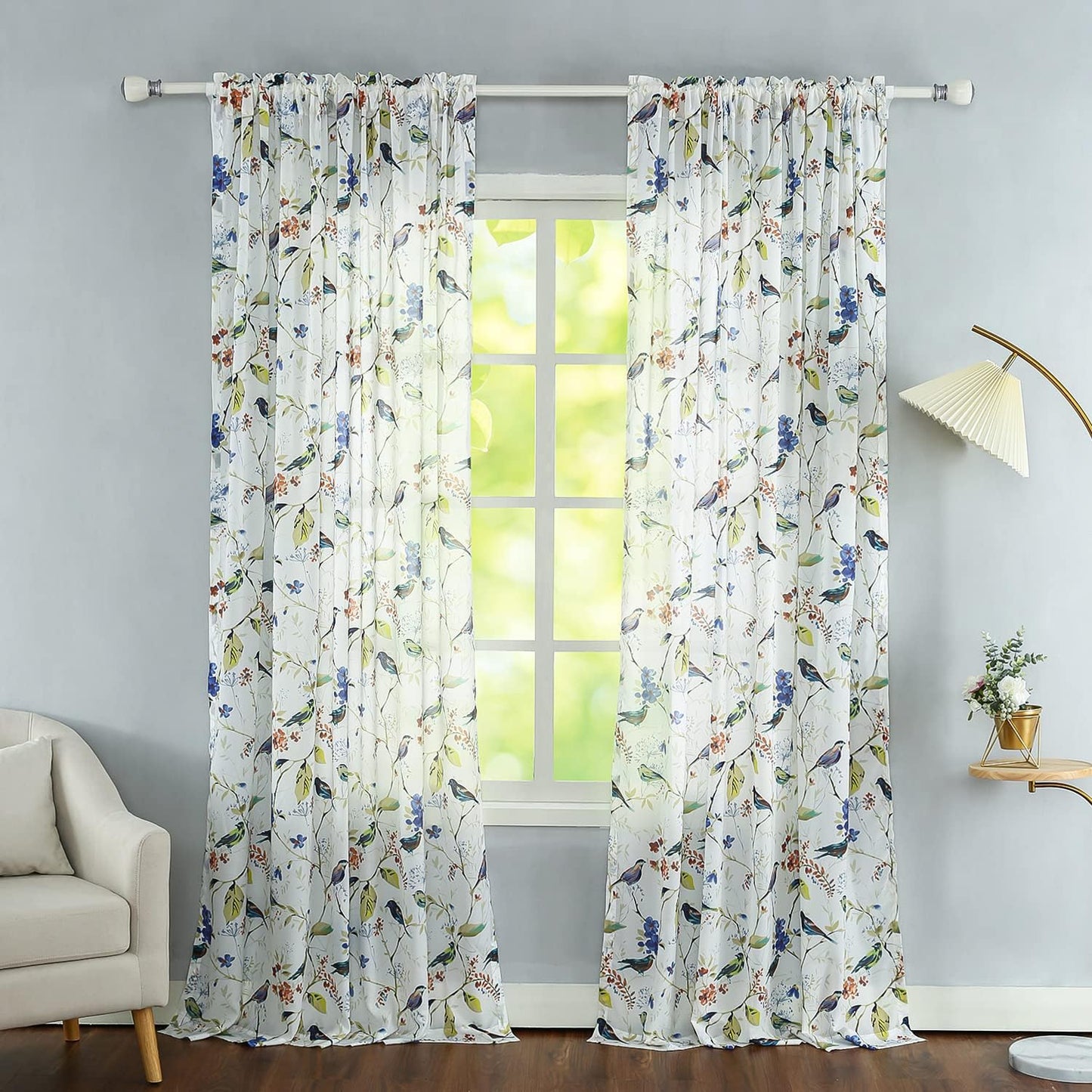2 52 96 Inches Leeva Birds Pattern Sheer Curtains, Lightweight Rod Pocket Semi Sheer Curtain Drapes Window Decor