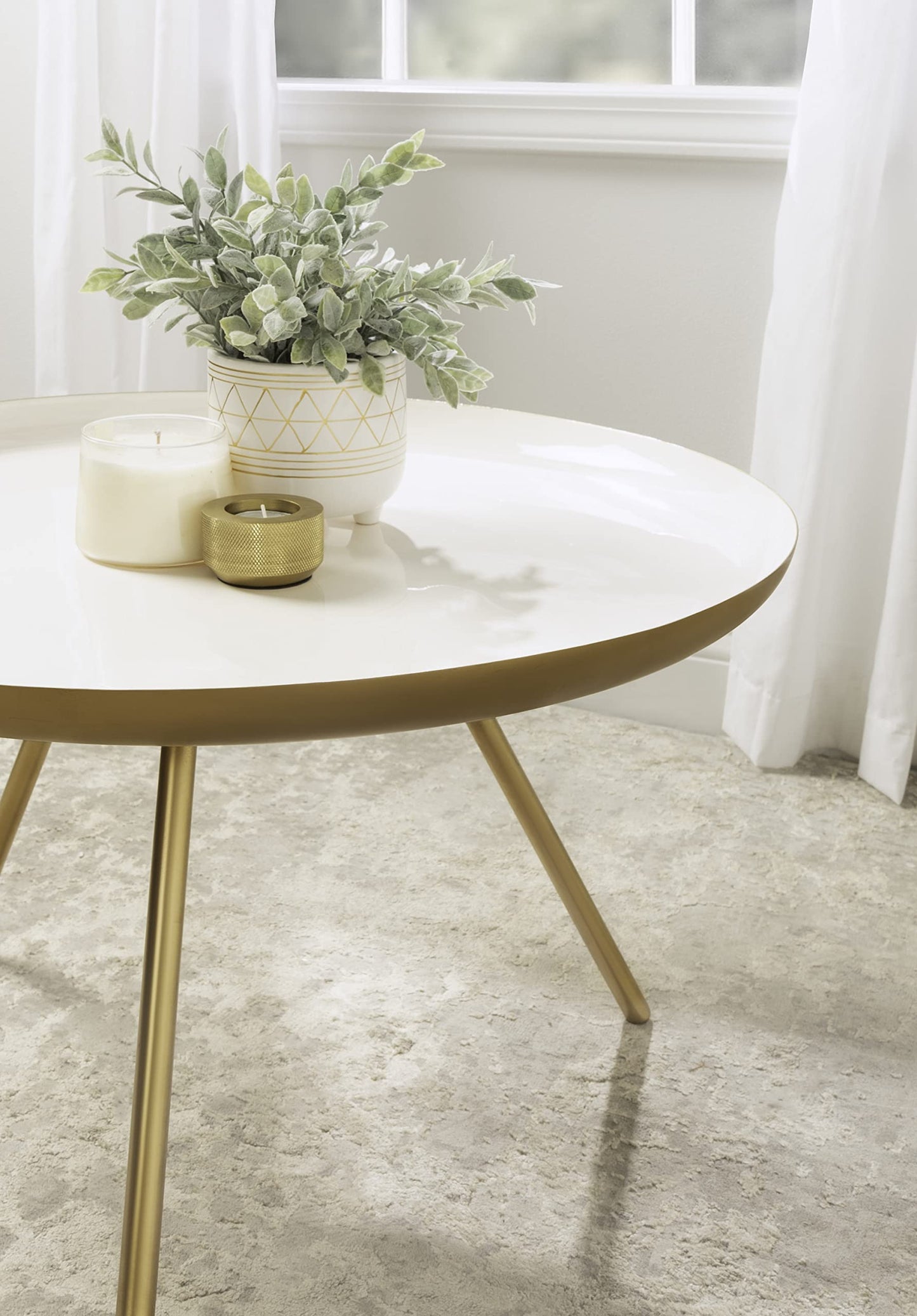 Kate and Laurel Laranya Modern Metal Coffee Table; 25 Inch Diameter; Gold and White; Decorative Round Coffee Table for Display and Storage