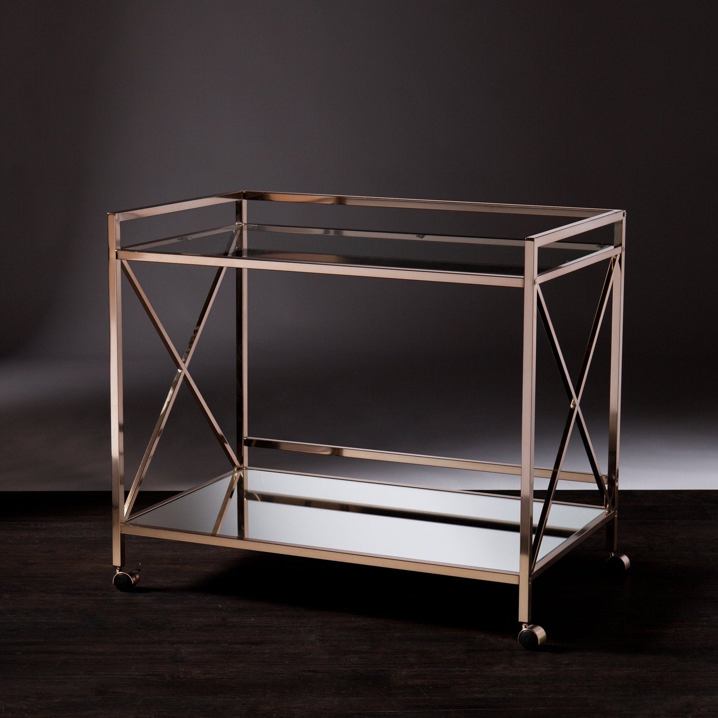 SEI Furniture - Maxton Bar Cart - Gold - Iron Metal & Mirrored Glass - Art Deco Design - Ideal for Living Rooms, Dining Rooms, Home Bars, 38.75"W x 23.3"D x 32.3"H (HZ2041)