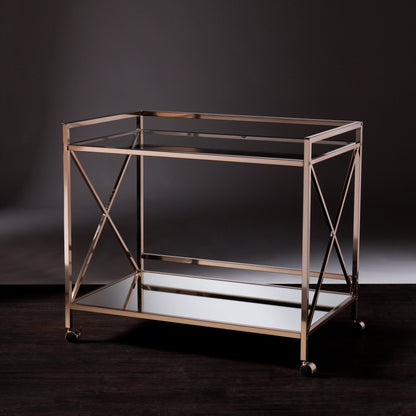 SEI Furniture - Maxton Bar Cart - Gold - Iron Metal & Mirrored Glass - Art Deco Design - Ideal for Living Rooms, Dining Rooms, Home Bars, 38.75"W x 23.3"D x 32.3"H (HZ2041)