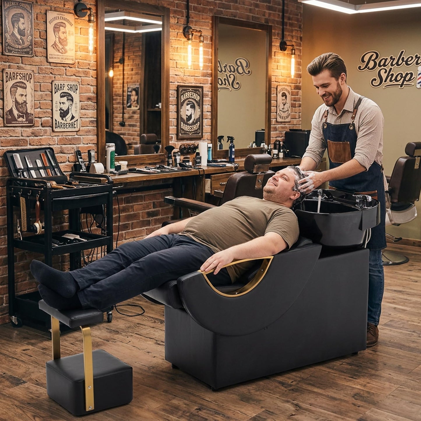 KEIKI Large Shampoo Bowl & Chair Set with Footstool, Black & Gold Barber Backwash Chair, Heavy Duty 300lbs Hair Washing Chair with Deep ABS Basin & Neck Rest for Spa Beauty Stylist