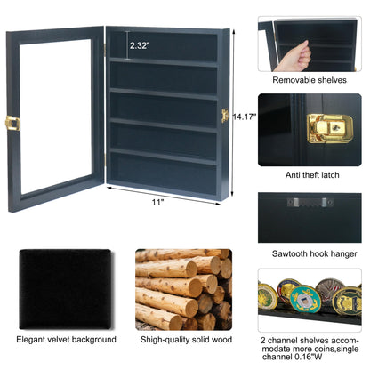 Military Challenge Coin Display Case with Medals Display 11x14IN Shadow Box with HD Toughened Glass, Wall Mount & Removable 2 Grooves Shelves, Coin Holder for Souvenirs, Solid Wood Frame