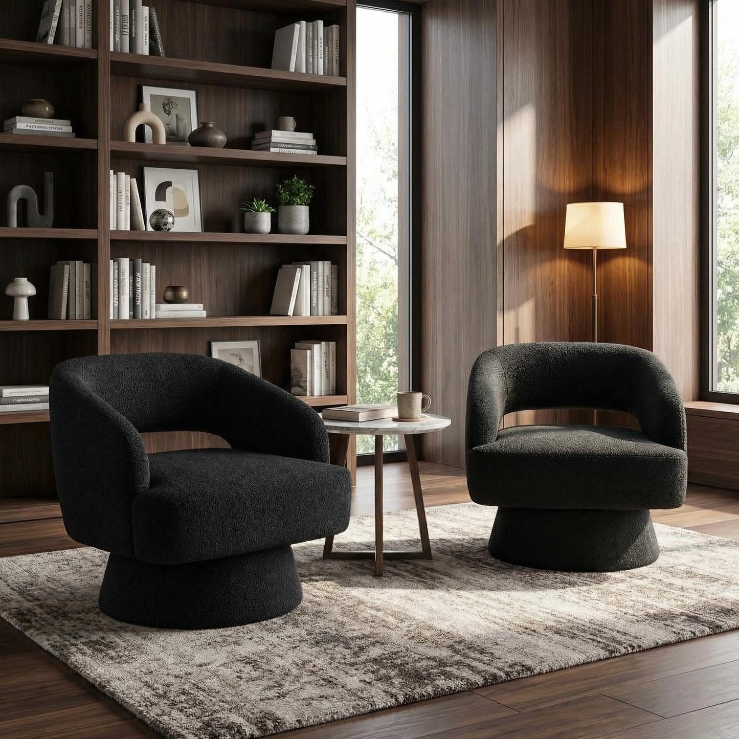 IDEALHOUSE Modern Swivel Accent Chairs Set of 2, Oversized Teddy Barrel Chairs, 360° Thickened Soft Cushion Rotating Round Arm Chairs for Living Room, Bedroom, Reading Nook, Black