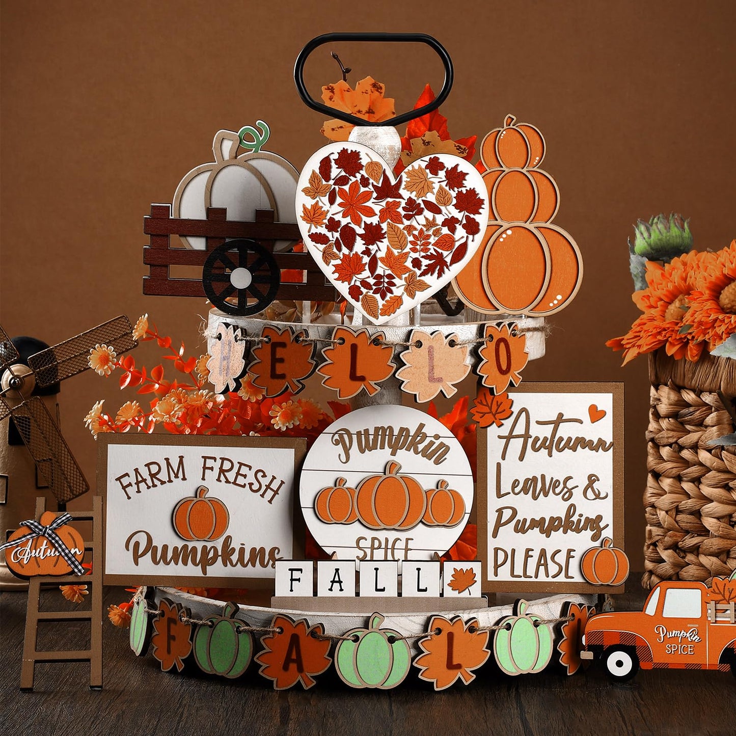 Maitys 23 Pcs Thanksgiving Tiered Tray Decoration Set Fall Pumpkin Maple Leaf Truck Wooden Sign Table Centerpieces Decor for Autumn Thanksgiving Day Farmhouse Kitchen Table Shelf Supplies
