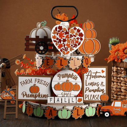 Maitys 23 Pcs Thanksgiving Tiered Tray Decoration Set Fall Pumpkin Maple Leaf Truck Wooden Sign Table Centerpieces Decor for Autumn Thanksgiving Day Farmhouse Kitchen Table Shelf Supplies