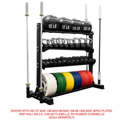 Valor Fitness Heavy Duty 4-Tier Gym Equipment Storage Rack – Organize Kettlebells, Dumbbells, Medicine Balls, Bumper Plates & 4 Barbells, 1200 lb Capacity for Home Gym Sports Equipment Organizer