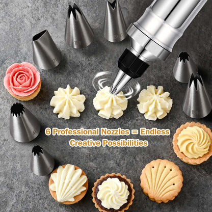 Dualshine Dessert Decorating Syringe Set, Frosting Piping Kit, Stainless Steels Icing Piping Kit, Cake Decorating Tools 6 Russian Piping Icing Nozzles Cupcake Piping Kit Christmas Baking Gifts