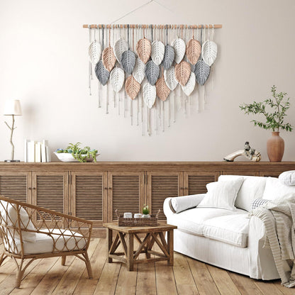 Alynsehom Large Macrame Wall Hanging, Boho Woven Tapestry, Chic Modern Bohemian Handmade Leaf Feather Wall Art Home Decor for Apartment Dorm Living Room Bedroom Nursery Backdrop (39" W X 29.5" L)