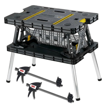Keter Folding Work Table, Portable Workbench w/ 12" Clamps for Garage/Wood Shop - Heavy-Duty and All-Weather for DIY Home Improvements and Worksites