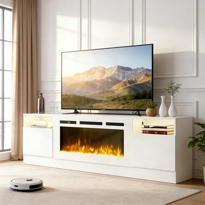 OneBlis 70" Fireplace TV Stand for TVs Up to 80",Entertainment Center with 36” Electric Fireplace and 12 Colors LED Lights,Large TV Console with Storage Cabinet for Living Room,All White