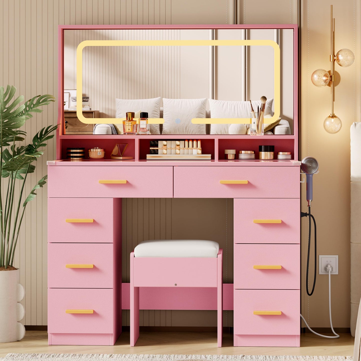 GAOMON Makeup Vanity Desk with Large Lighted Mirror, Vanity Desk with Glass Tabletop, 8 Drawers & 3 Storage Shelves, Vanity Set with Built-in Power Outlet for Bedroom & Dressing Area, Pink
