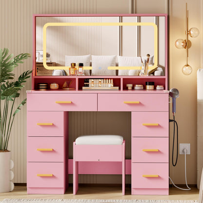 GAOMON Makeup Vanity Desk with Large Lighted Mirror, Vanity Desk with Glass Tabletop, 8 Drawers & 3 Storage Shelves, Vanity Set with Built-in Power Outlet for Bedroom & Dressing Area, Pink