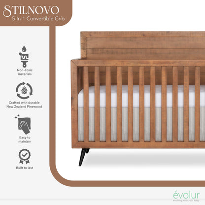 Evolur Stilnovo Mid-Century 4-in-1 Convertible Crib in Sugarcane – Greenguard Gold Certified, Solid Wood Construction, 3 Mattress Heights – Converts to Toddler, Daybed & Full-Size Bed