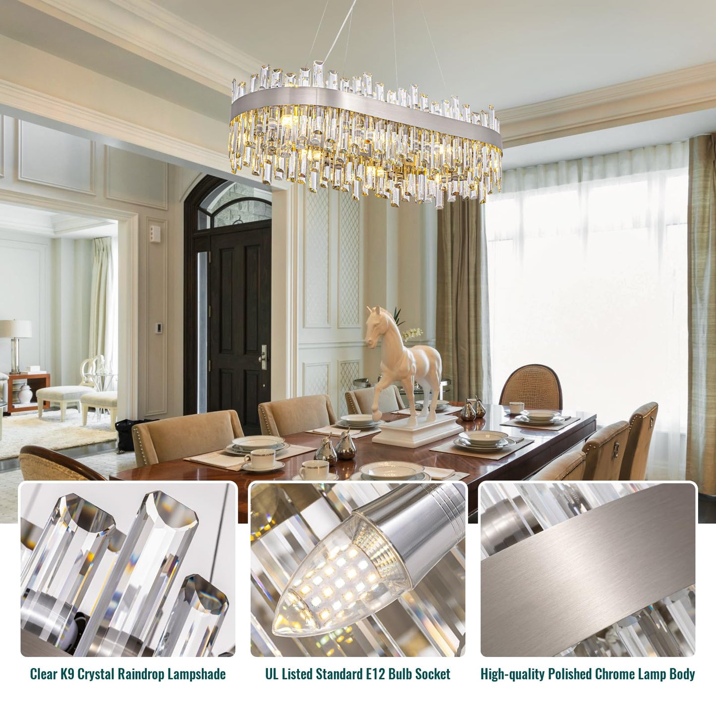 Siljoy Modern Crystal Chandelier, Luxury Rectangular 2-Tiers K9 Crystal Raindrop Chandelier, 16-Light Adjustable Hanging Crystal Ceiling Light for Dining Room Living Room Kitchen L35.4''