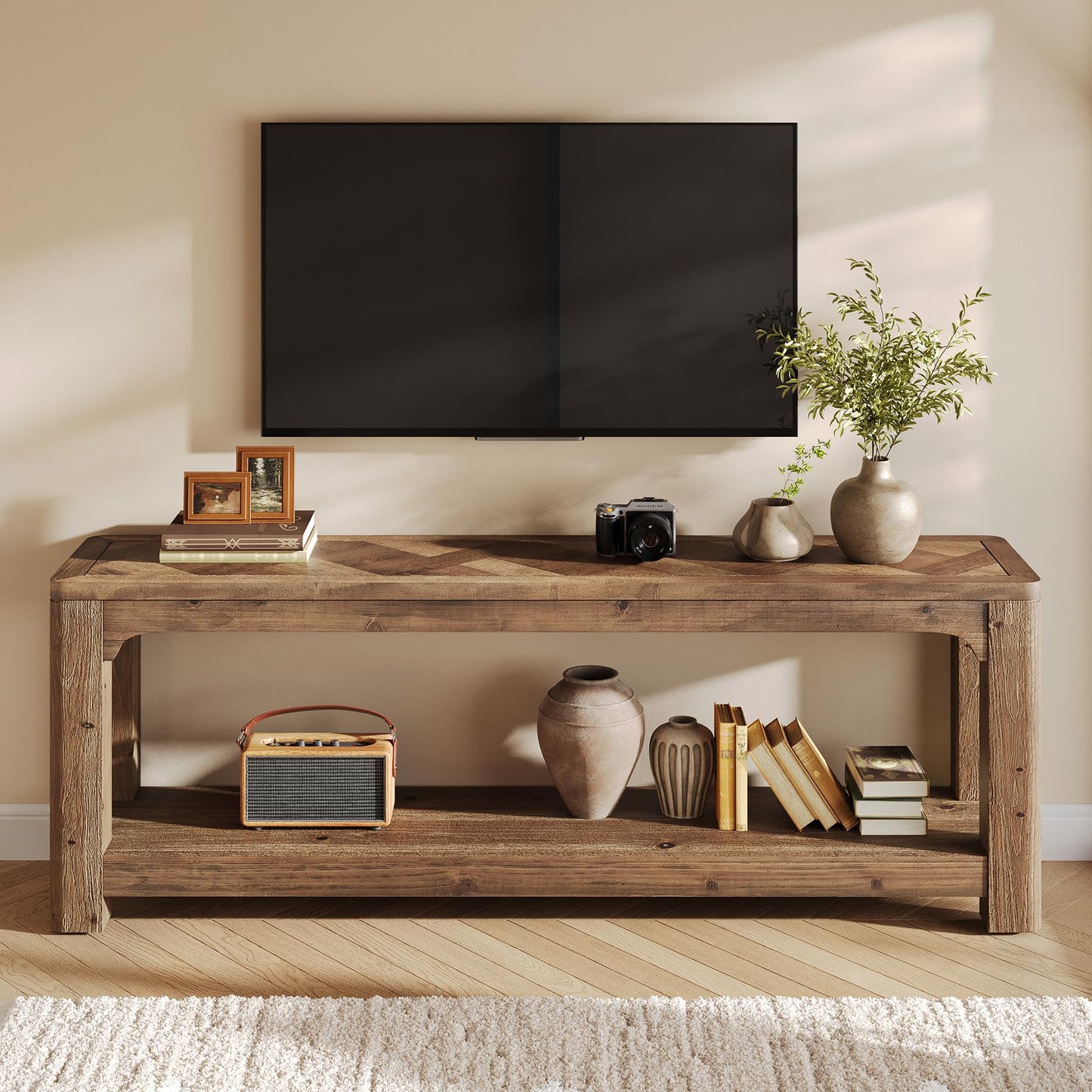 LITTLE TREE Solid Wood TV Stand with Open Storage Shelves, Farmhouse TV Stand for 65-Inch TV, Mid Century Modern TV Stand for Living Room, Bedroom - 63" Rustic Brown