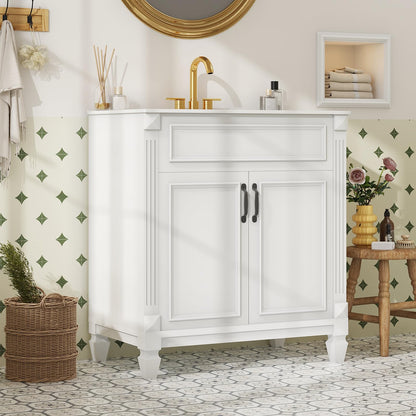 Sweetcrispy 30" Bathroom Vanity with Sink, Bathroom Storage Vanity Sink with 2 Doors, Farmhouse Wooden Free Standing Bathroom Cabinet with Sink, Easy Assembly, NO Mirror Faucet, Ivory White