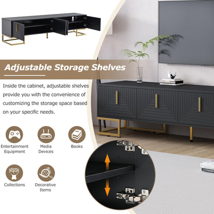 Merax Modern TV Stand with Metal Legs, Gold Handles, Geometric Lines and Adjustable Shelves for TVs Up to 80'', Media Console Table, Luxury Storage Cabinets for Living Room, Black