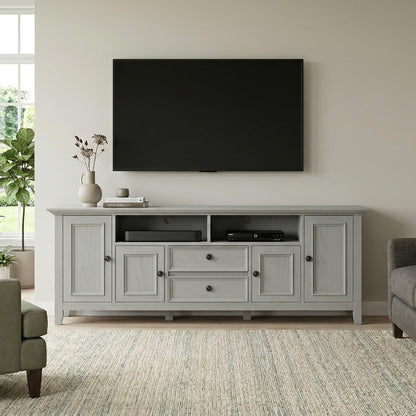 SIMPLIHOME Amherst TV Stand - 72 inch Wide Solid Wood Media Console in Fog Grey, Transitional Entertainment Center for Living Room for TVs up to 80 Inches with Shelves and Cable Management