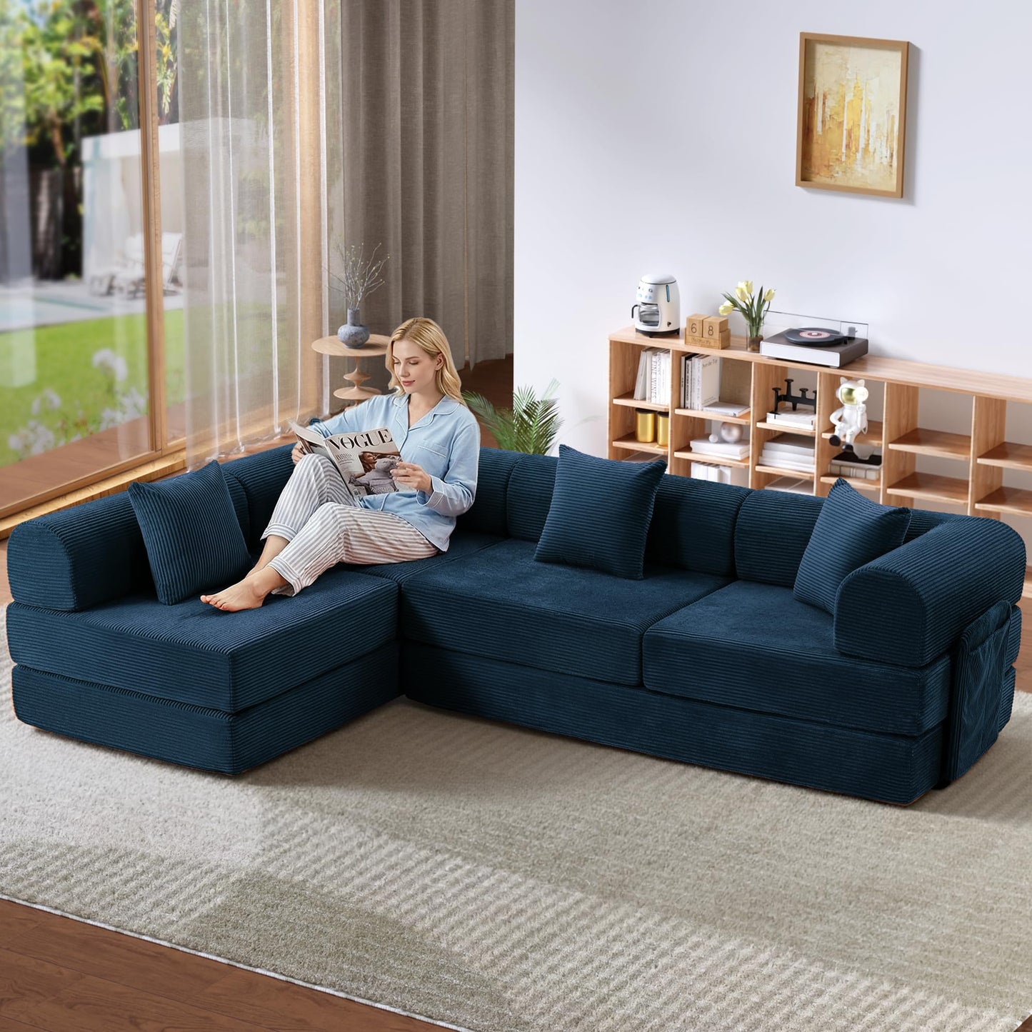 Trygoal 142" Oversized Modular Sectional Sofa Bed, 7-in-1 Convertible Corduroy Cloud Couch with Storage Bag & Reinforced Frame, Deep Seat Sectional Couches for Living Room, Tool-Free Assembly, Blue