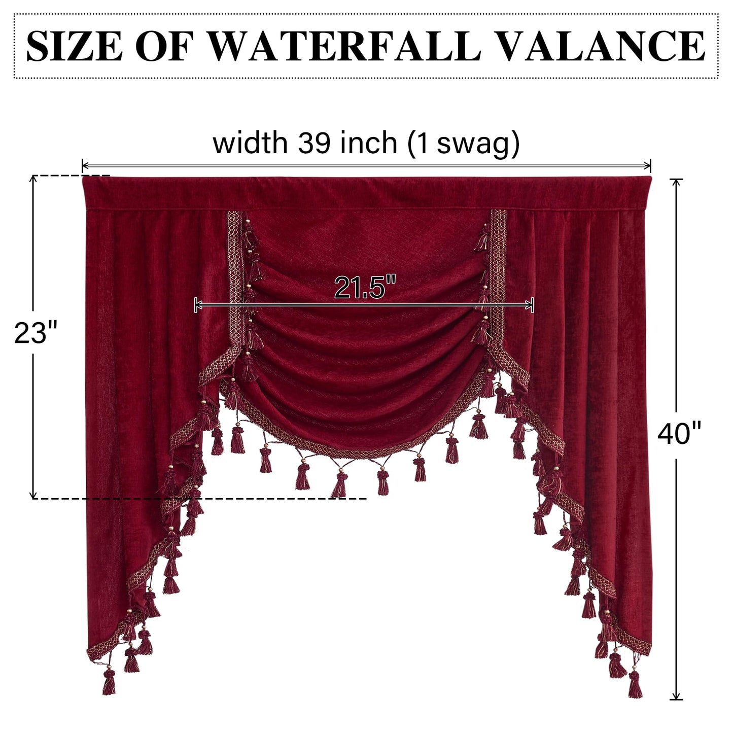 NICETOWN Blackout Kitchen Tier Curtains - Rod Pocket Waterfalll Valance/Swags for Basement Thermal Insulated Luxury Thick Chenille Curtain Valances for Bedroom (1 Panel, 39 Inches Wide, Red)