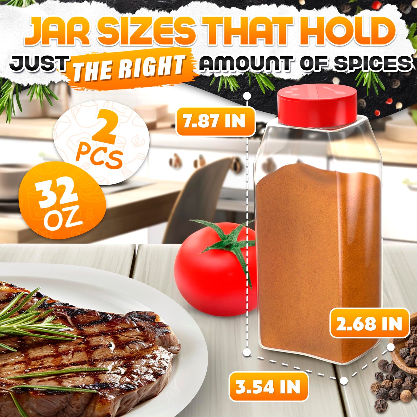 2Pcs Large Seasoning Containers with Wide Mouth for Easy Filling – 32 Oz Spice Containers with Dual Shake Airtight Lids for Spices | Transparent Seasoning Shaker, Durable & Odor-Resistant Spice Shaker