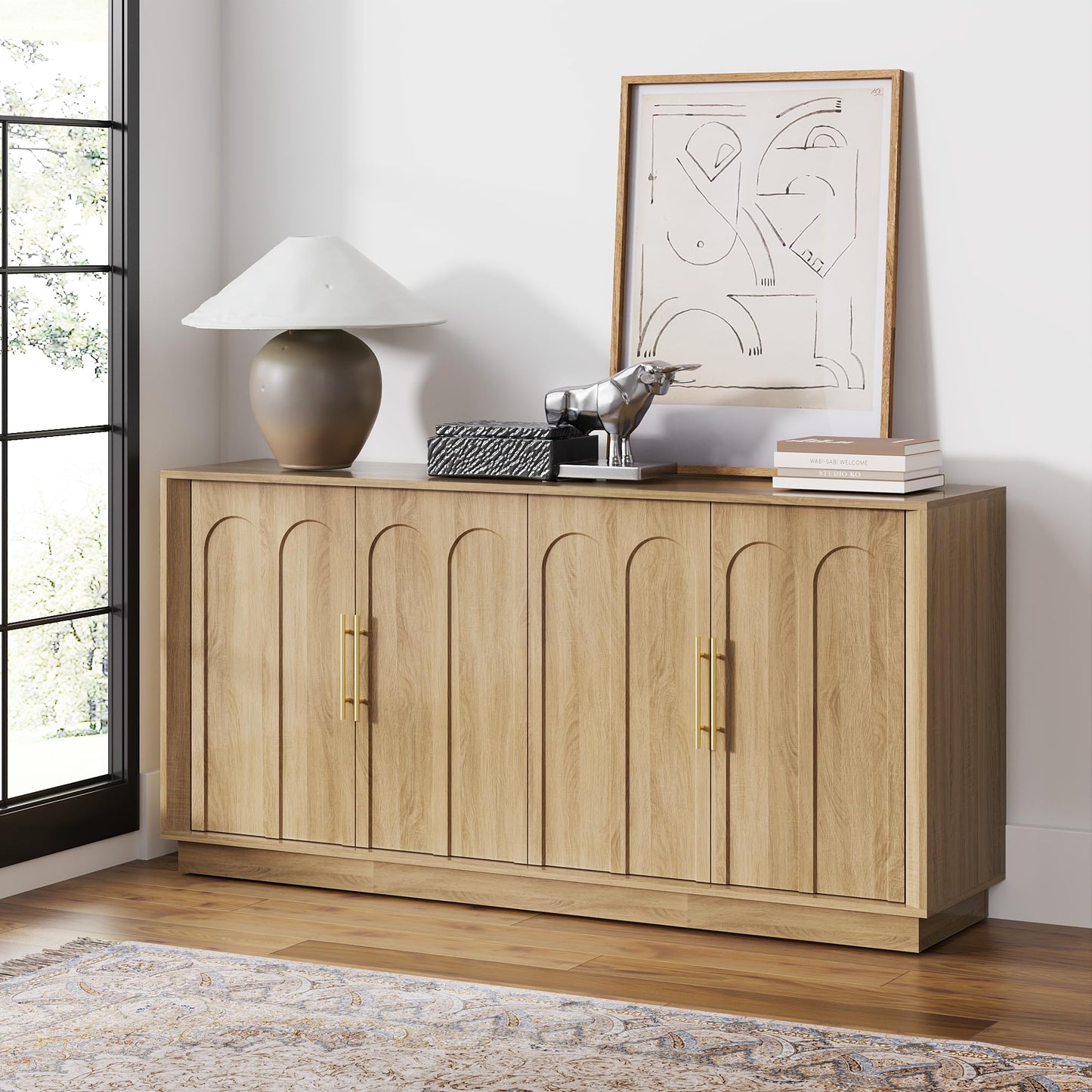 FORTUNETEC Sideboard Buffet Cabinet with Storage, Modern Accent Cabinet with Arched Doors, Boho Modular Media Console, 67" Large Minimalist Credenza for Living Room Kitchen Dining Room Entryway, Oak