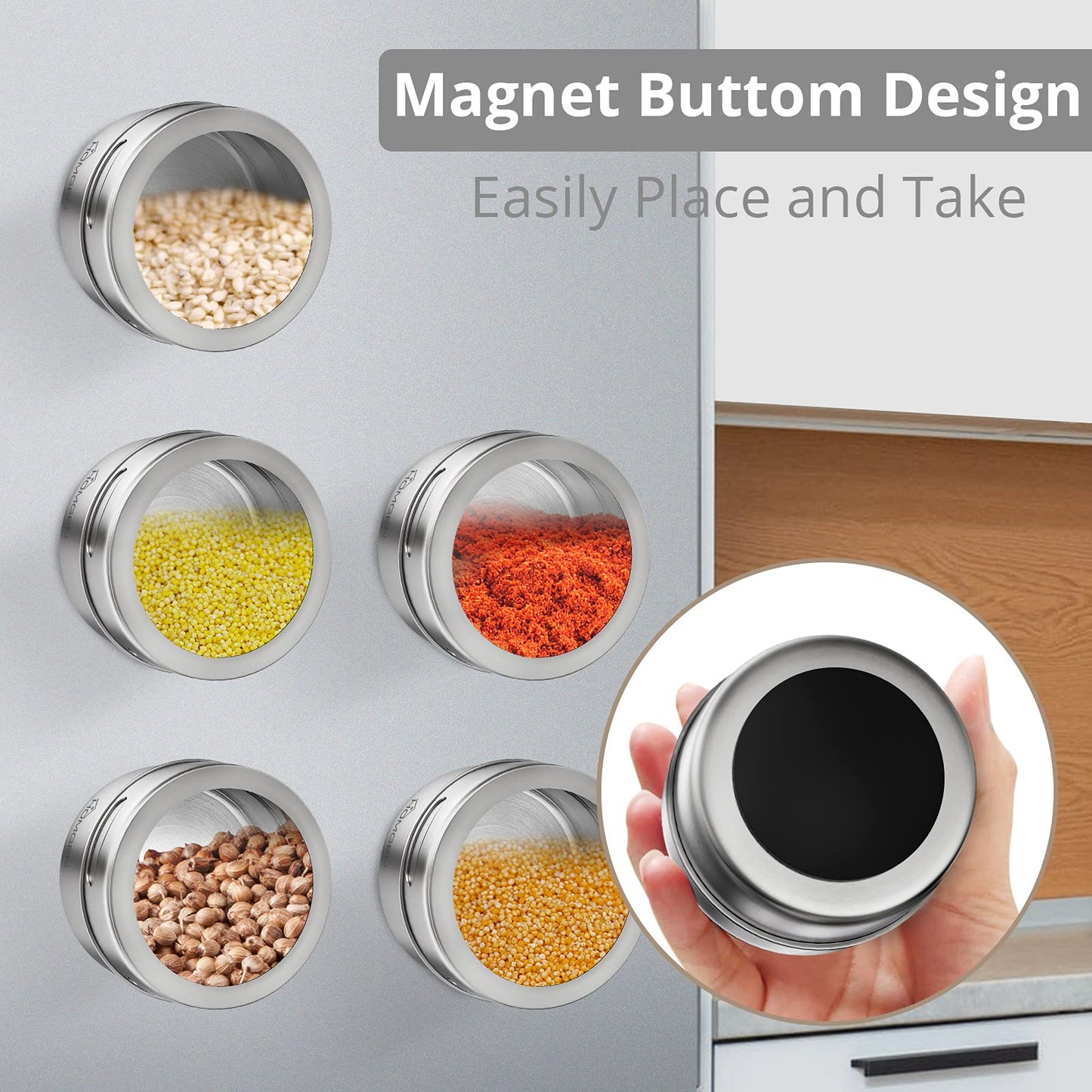 HOMGEN Magnetic Spice Jars 12-Pack - 3.4oz Stainless Steel Spice Containers with Magnet Strong Hold- Includes Labels & Chassis for Fridge/BBQ/Camping, Space-Saving Kitchen Organizer for Pantry & RVs