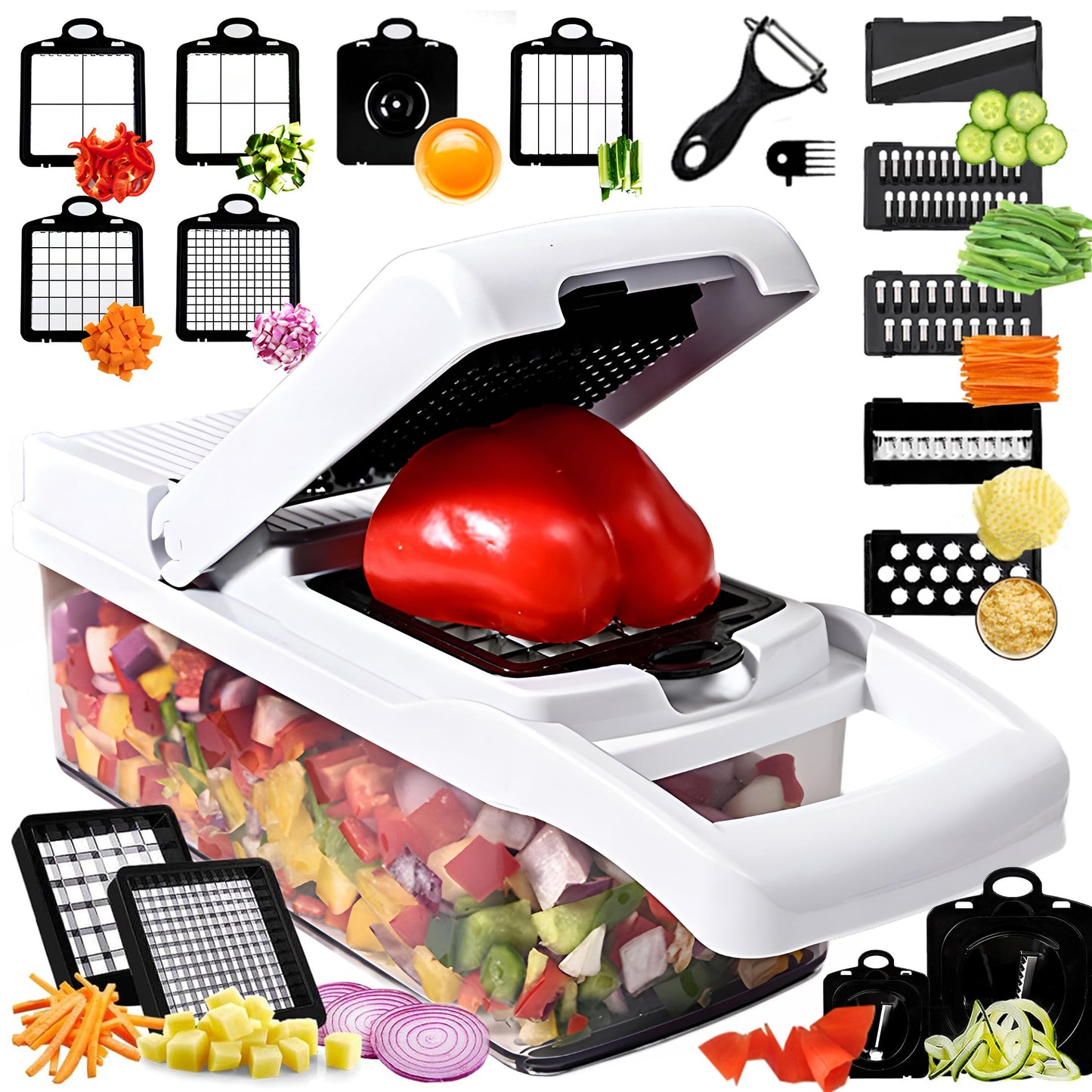 25-in-1 Vegetable Chopper with 13 Blades - Mandoline Slicer -Food Chopper w/Container - Cheese Grater - Veggie Salad Onion Chopper - Kitchen Gadget - Home Essentials - Kitchen Accessories