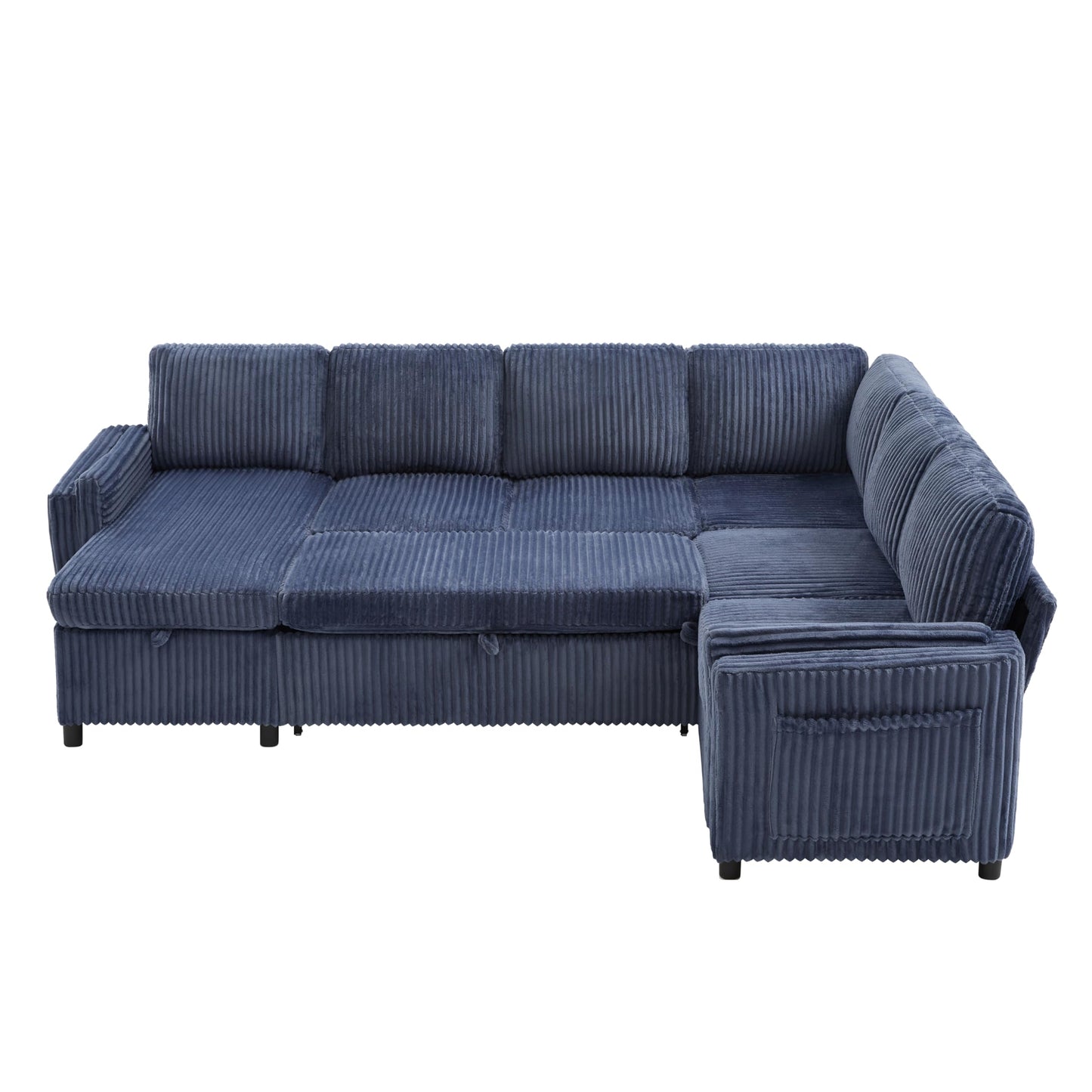 Merax Modern 111 Inch U-Shaped Convertible Sofa with USB Ports and Storage, Corduroy 6-Seat Sectional Pull Out Sleeper Sofa Bed with Chaise Lounge, Couch Set for Living Room, Blue