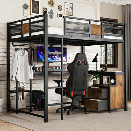 Bellemave Queen Loft Bed with Desk & Storage Fabric Drawers & Shelves, Heavy Duty Metal Frame Loft Bed for Adults & Teens, Space Saving Bed for Apartments & Dorm, No Box Spring Needed, Black
