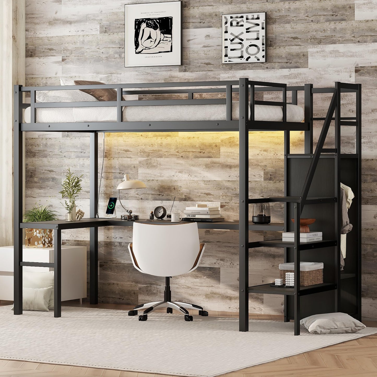 Heavy Duty Metal Loft Bed with Twin XL Size, Desk, Wardrobe & Storage Stairs, LED Charging Station, Space Saving for Kids, Teens & Adults - Black